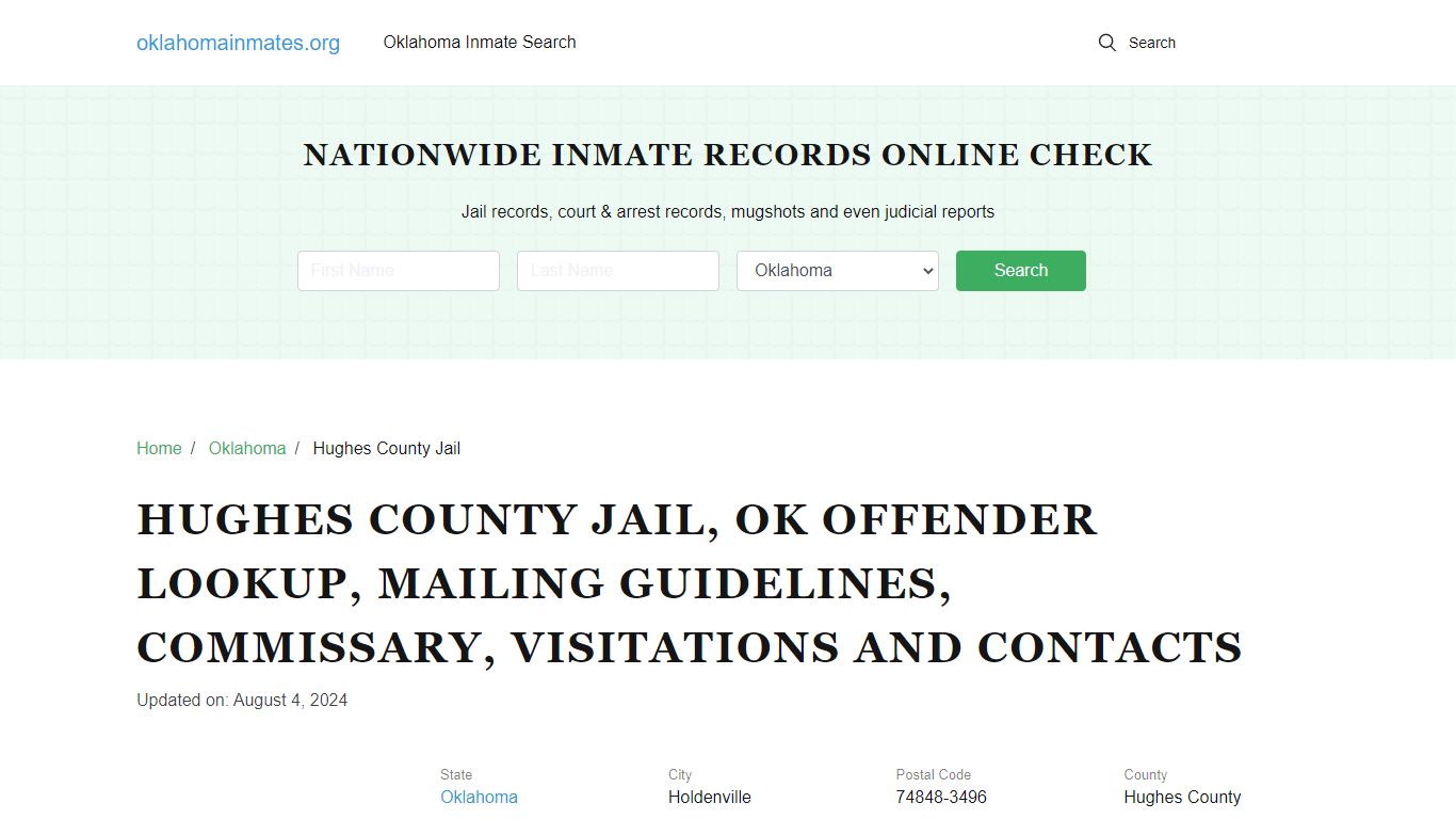 Hughes County Jail, OK: Inmate Search Options, Visitations, Contacts